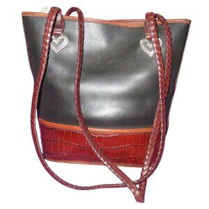 BRIGHTON 90s Vintage black & brown Leather tote bucket bag Heart charm hardware